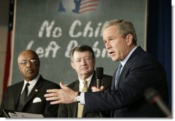 Celebrating the second anniversary of the No Child Left Behind Act, President George W. Bush visits West View Elementary School in Knoxville, Tenn., Jan. 8, 2004. The elementary school serves 237 students. In the past 2 years, the students have made significant improvements on reading and math test scores.  White House photo by Paul Morse