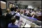 Vice President Dick Cheney listens to a briefing on NASA's Spirit and Opportunity Expeditions to Mars in the Jet Propulsion Laboratory's mission control room in Pasadena, Calif., Jan 14, 2004. JPL developed and now remotely controls the rover Spirit since it landed on the planet Jan. 3, 2004. Sitting next to Vice President Cheney are, from left, Dr. Frederick D. Gregory, NASA Deputy Administrator, Dr. David Baltimore, President of the California Institute of Technology and Dr. Charles Elachi, the Director of the Jet Propulsion Laboratory. White House photo by David Bohrer