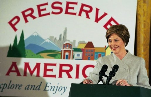 Laura Bush hosts the Preserve America ceremonies in East Room of the White House honoring the first Community Design recipients and their efforts to uphold preservation in their communities. Mrs. Bush also announced that the 2005 budget will include $10 million for grants to advance the goals of Preserve America. White House photo by Susan Sterner