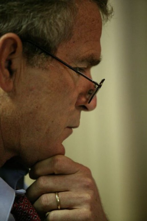 Working in the Family Theater of the White House, President George W. Bush reviews his speech the morning of his State of the Union Address Jan. 20, 2004. White House photo by Eric Draper