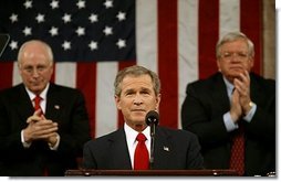  President George W. Bush delivers his State of the Union Address to the nation and a joint session of Congress in the House Chamber of the U.S. Capitol Tuesday, Jan. 20, 2004. "We have not come all this way – through tragedy, and trial, and war – only to falter and leave our work unfinished. Americans are rising to the tasks of history, and they expect the same of us," said President Bush in his remarks.  White House photo by Eric Draper