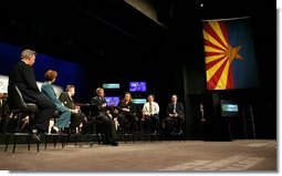 Meeting with community leaders and students, President George W. Bush leads a discussion on job training and the economy at Mesa Community College in Mesa, Arizona, Wednesday, Jan. 21, 2004.  White House photo by Eric Draper