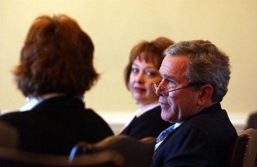  President George W. Bush meets privately with individuals who have signed up for medical savings accounts and small business owners to discus the savings accounts and association health plans in the Dwight D. Eisenhower Executive Office Building Wednesday, Jan. 28, 2004. White House photo by Tina Hager