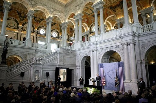 President George W. Bush delivers remarks during ceremonies marking the opening of the exhibit, "Churchill and the Great Republic," at the Library of Congress in Washington, D.C., Wednesday, Feb. 4, 2004. Open from Feb. 5 through June 26, 2004, the exhibit marks Winston Churchill's contributions to democracy and his relationship with the United States. White House photo by Paul Morse