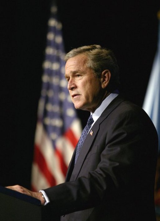 President George W. Bush delivers remarks on Weapons of Mass Destruction Proliferation at the National Defense University at Ft. McNair, Wednesday, Feb. 11, 2004. White House photo by Eric Draper.