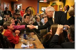 Vice President Dick Cheney greets customers at El Burrito Mercado, a grocery store and cafeteria in the heart of St. Paul's Latino commercial district, in St. Paul, Minn., Monday, Feb. 23, 2004. In remarks to store patrons, Vice President Cheney underscored the vital role family-run small businesses play in creating jobs.  White House photo by David Bohrer