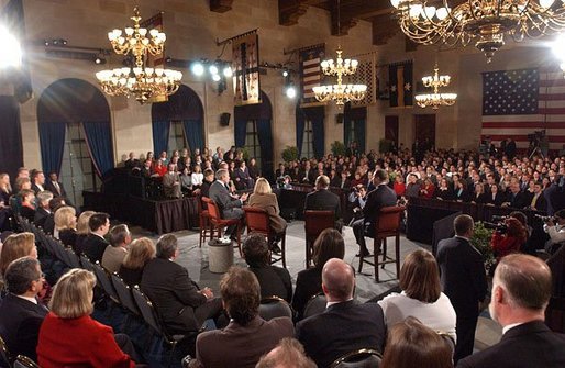 President George W. Bush participates in a conversation about health access at the U.S. Chamber of Commerce Tuesday, March 16, 2004. The President discussed Health Savings Accounts for individuals and Association Health Plans for small business owners. White House photo by Tina Hager