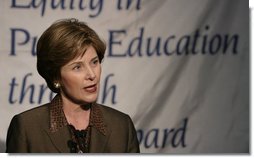 First Lady Mrs. Laura Bush answers question from the press after giving remarks to the National School Boards Association 64th annual conference in Orlando, FL on March 29, 2004.   White House photo by Paul Morse