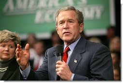 President George W. Bush speaks during a conversation on job training at Marshall Community & Technical College in Huntington, W.Va., Friday, April 2, 2004.  White House photo by Eric Draper