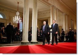 President George W. Bush and Israeli Prime Minister Ariel Sharon after talking with the press in the Cross Hall of the White House on April 14, 2004.  White House photo by Paul Morse