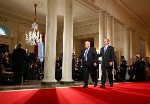 President George W. Bush and Israeli Prime Minister Ariel Sharon after talking with the press in the Cross Hall of the White House on April 14, 2004. White House photo by Paul Morse.