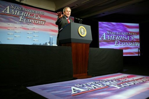 President George W. Bush gives remarks on the economy in Des Moines, Iowa, Thursday, April 15, 2004. White House photo by Paul Morse