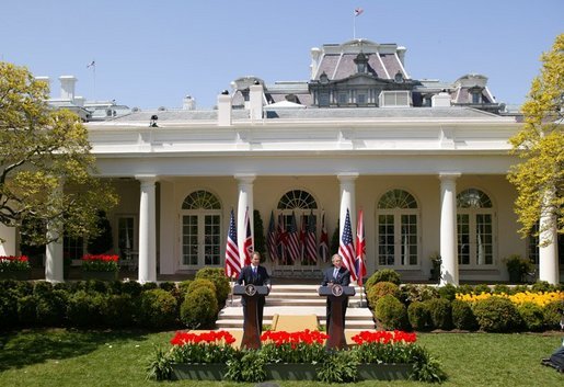 President George W. Bush and Prime Minister Tony Blair hold a press conference in the Rose Garden of the White House on April 16, 2004. White House photo by Paul Morse.