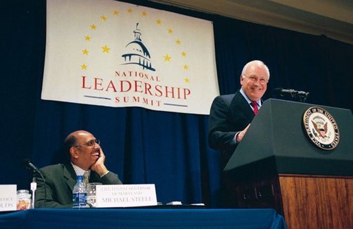 Maryland's Lieutenant Governor Michael Steele listens during Vice President Dick Cheney's address at the Second Annual African American Leadership Summit in Washington, D.C., Wednesday, April 28, 2004. White House photo by David Bohrer.