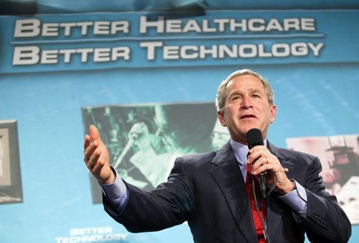 President George W. Bush participates in a conversation on the benefits of health care information technology at the Department of Veterans Affairs Medical Center in Baltimore, Maryland on April 27, 2004. White House photo by Paul Morse