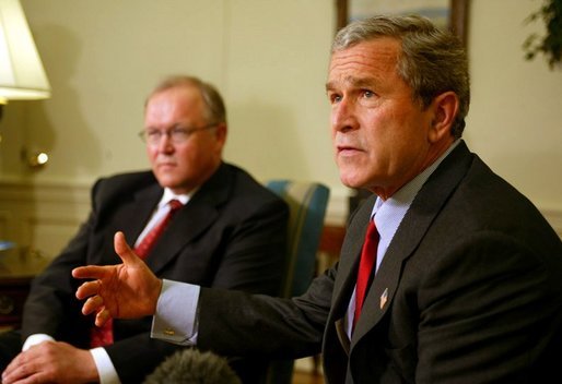 President George W. Bush answers reporter's questions after meeting with Swedish Prime Minister Goran Persson in the Oval Office Wednesday, April 28, 2004. White House photo by Paul Morse.