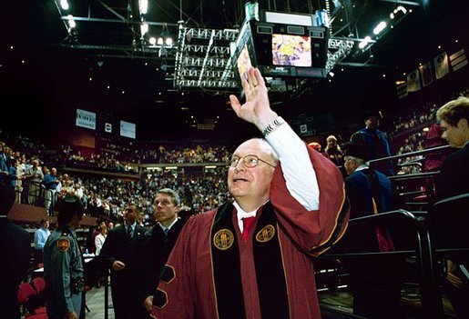 After delivering remarks, Vice President Dick Cheney waves goodbye to those in attendance at the Florida State University Commencement Ceremony in Tallahassee, Fla., Saturday, May 1, 2004. White House photo by David Bohrer.