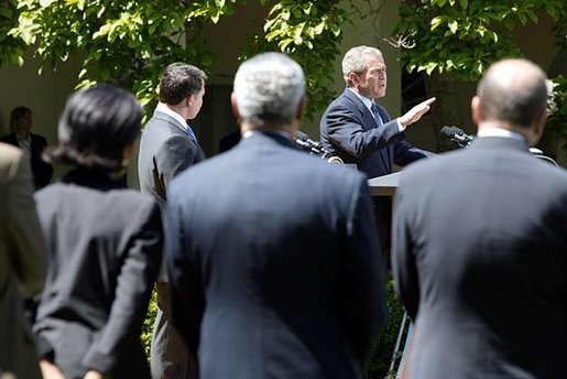 President George W. Bush and His Majesty King Abdullah Bin Al Hussein of Jordan hold a joint press conference in the Rose Garden Thursday, May 6, 2004. White House photo by Paul Morse