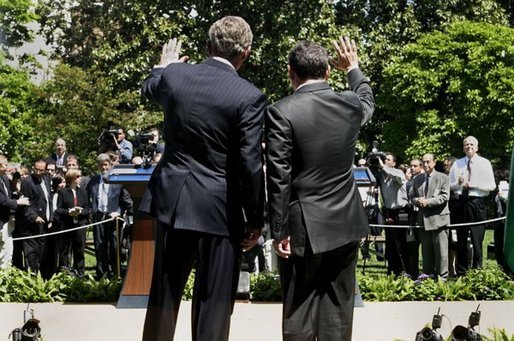 President George W. Bush and His Majesty King Abdullah Bin Al Hussein of Jordan hold a joint press conference in the Rose Garden Thursday, May 6, 2004. White House photo by Paul Morse