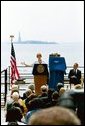 Mrs Bush delivers remarks at Battery Park in New York City May 10, 2004. White House photo by Tina Hager