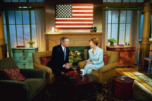 Laura Bush speaks with Charlie Gibson during a Good Morning America live interview at the ABC Studios in New York City, Monday, May 10, 2004. White House photo by Tina Hager