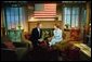 Laura Bush speaks with Charlie Gibson during a Good Morning America live interview at the ABC Studios in New York City, Monday, May 10, 2004. White House photo by Tina Hager