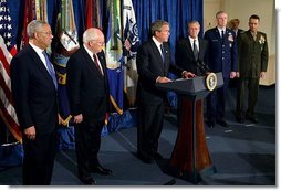 President George W. Bush addresses the press after meeting with his national security team at the Pentagon in Arlington, Va., Monday, May 10, 2004. "We discussed the needs of our military personnel, the status of current operations in Iraq, and the progress of that nation towards security and sovereignty," said the President.  White House photo by Paul Morse