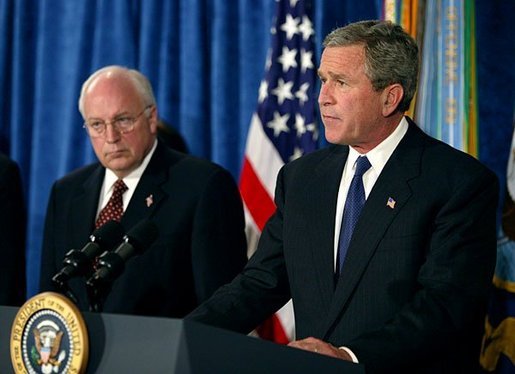 President George W. Bush addresses the press after meeting with his national security team at the Pentagon in Arlington, Va., Monday, May 10, 2004. White House photo by Paul Morse