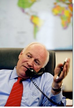 Vice President Dick Cheney participates in a telephone interview with journalist Tony Snow from his office in the West Wing, Tuesday, May 11, 2004.  White House photo by David Bohrer