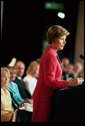 Laura Bush delivers remarks at the Tenth Anniversary of the Annual Prayer Breakfast honoring the National Day of Prayer in Albany, N.Y., Tuesday, May 11, 2004. "God has blessed our nation and our lives beyond measure. And today we pray that God will grant us the courage and the conviction to celebrate our faith, to serve others, and to seek comfort in prayer," said Mrs. Bush. "This is our prayer for all Nations and for all of God's people." White House photo by Tina Hager