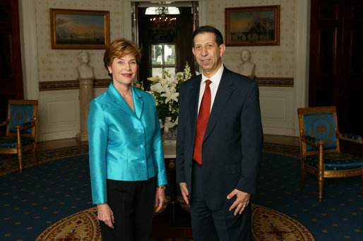 Laura Bush, Honorary Ambassador for the Decade of Literacy, poses with UNESCO’s Assistant Director General for Culture Mounir Bouchenaki in the Blue Room of the White House Wednesday, May 12, 2004. White House photo by Tina Hager