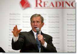 President George W. Bush participates in a conversation on Reading First and the No Child Left Behind Act at the National Institutes of Health in Bethesda, Maryland on May 12, 2004.  White House photo by Paul Morse