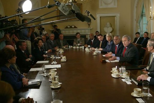 President George W. Bush answers reporters' questions during a Cabinet Meeting at the White House Wednesday, May 19, 2004. White House photo by Joyce Naltchayan.