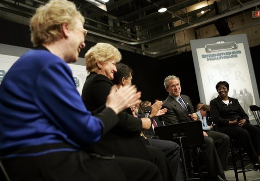 President George W. Bush participates in a conversation on health care and community health centers at Youngstown State University in Youngstown, Ohio, Tuesday May 25, 2004. White House photo by Paul Morse