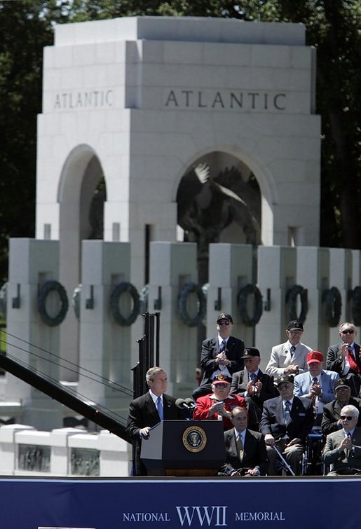 President George W. Bush delivers remarks to thousands of veterans at the National World War II Memorial on the National Mall, Saturday, May 29, 2004. White House photo by Paul Morse.