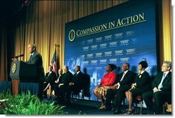 President George W. Bush discusses the progress and accomplishments of the Faith-Based and Community Initiatives in Washington, D.C., Tuesday, June 1, 2004.  White House photo by Joyce Naltchayan