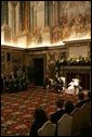 President George W. Bush and Pope John Paul II deliver their statements at the Vatican, Friday, June 4, 2004. White House photo by Tina Hager