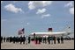 German Chancellor Gerhard Schroeder, left, and Deputy U.S. Chief of Protocol Jeff Eubank participate in an arrival ceremony at Hunter Army Airfield in Savannah, Ga., June 8, 2004. White House photo by Paul Morse