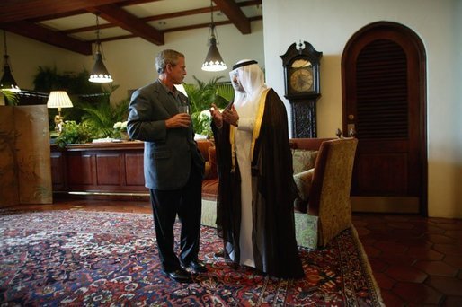 President George W. Bush and Iraq's new interim President Ghazi al-Yawer talk at the G-8 Summit on Sea Island, Ga., Wednesday, June 9, 2004. White House photo by Eric Draper.