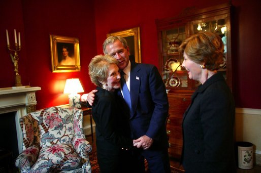 President George W. Bush and Laura Bush greet Nancy Reagan at the Blair House in Washington, Thursday, June 10, 2004. White House photo by Eric Draper.