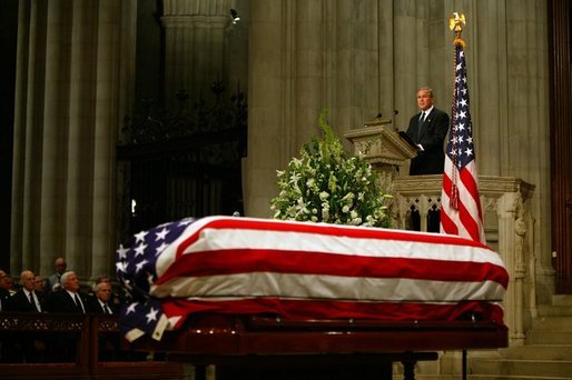 President George W. Bush delivers eulogy at the funeral service for former President Ronald Reagan at the National Cathedral in Washington, DC on June 11, 2004. White House photo by Paul Morse.