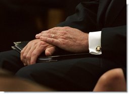 President George W. Bush waits for his chance to deliver his eulogy for former President Ronald Reagan at the National Cathedral in Washington, DC on June 11, 2004.  White House photo by Eric Draper