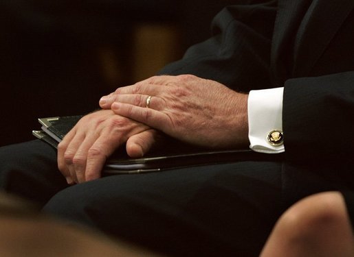 President George W. Bush waits for his chance to deliver his eulogy for former President Ronald Reagan at the National Cathedral in Washington, DC on June 11, 2004. White House photo by Eric Draper.