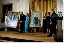 President George W. Bush and Laura Bush host the unveiling of the Clinton portraits as former President Bill Clinton and Senator Hillary Clinton stand by their official White House portraits in the East Room of the White House Monday, June 14, 2004.  White House photo by Paul Morse