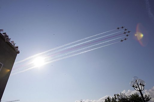 Honoring the start of the 2-day NATO Summit in Istanbul, fighter jets fly in formation over the summit site at the Istanbul Convention and Exhibition Center in Turkey, Monday, June 28, 2004. White House photo by Paul Morse.