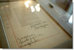 The last page of the Civil Rights Act with the signature of President Lyndon B. Johnson was on display in the White House for a reception commemorating the 40th Anniversary of the Civil Rights Act on July 1, 2004.  White House photo by Paul Morse