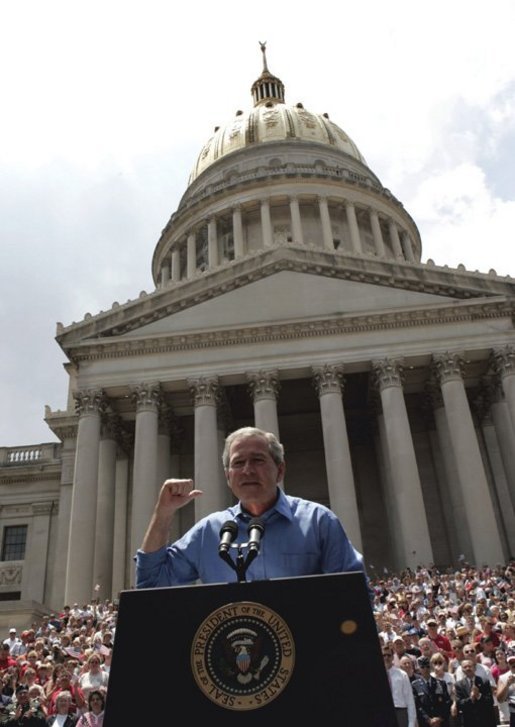 President George W. Bush delivers remarks at the Fourth of July Celebration on the steps of the Capitol in Charleston, West Virginia on Independence Day, 2004. White House photo by Tina Hager