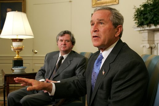 President George W. Bush meets with the Prime Minister David Oddsson of Iceland in the Oval Office Tuesday, July 6, 2004. White House photo by Eric Draper.