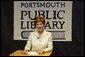 Laura Bush answers reporters questions after participating in the No Child Left Behind Summer Reading Program with local children at the Portsmouth Public Library in Portsmouth, New Hampshire, Friday, July 9, 2004. White House photo by Yoni Brook