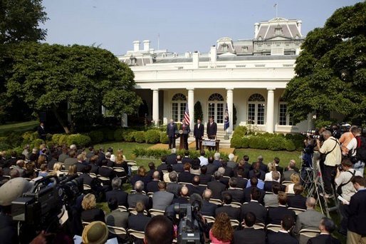 Standing with, from left, Vice President Dick Cheney, Secretary of Health and Human Services Tommy Thompson and Secretary of Homeland Security Tom Ridge, President George W. Bush delivers remarks during the signing ceremony of S.15-Project Bioshield Act of 2004, in the Rose Garden Wednesday, July 21, 2004. White House photo by Paul Morse.